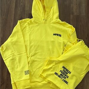 Yellow Slogan print Hoodie and track shorts Set
